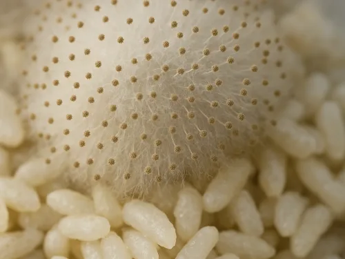 Aspergillus oryzae (koji-kin) schimmel op rijstkorrels, gebruikt voor miso, sojasaus en sake