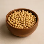 Droge sojabonen in een kom, basis voor miso, tofu en sojasaus