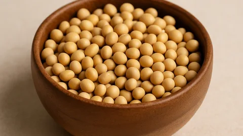 Droge sojabonen in een kom, basis voor miso, tofu en sojasaus