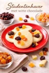 Studentenhaver met witte chocolade en gedroogd exotisch fruit