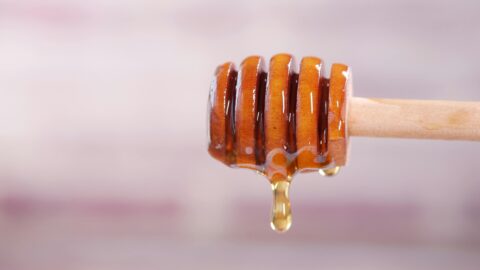 Close-up of honey dripping from a wooden dipper, capturing the sweet, sticky texture.